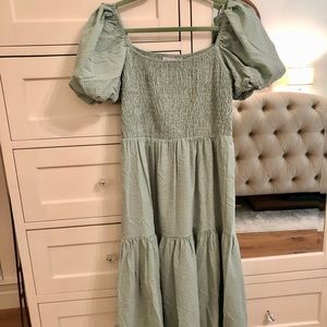 Jessakae Women’s Sage Green Dress - Smocked Top, Tiered Skirt, Size Large